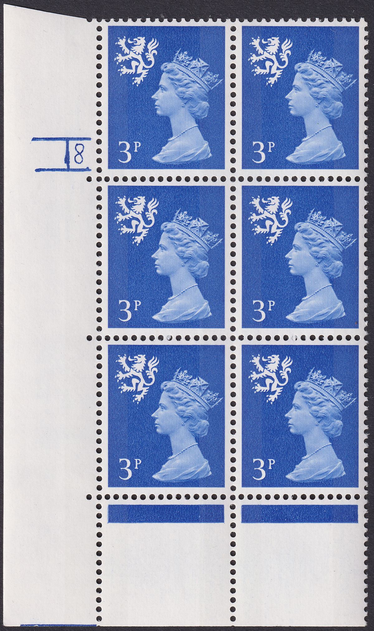 QEII 1972 Scotland Machin 3p No Dot Cylinder 8 Phosphor 7 Block Mint SG XS33
