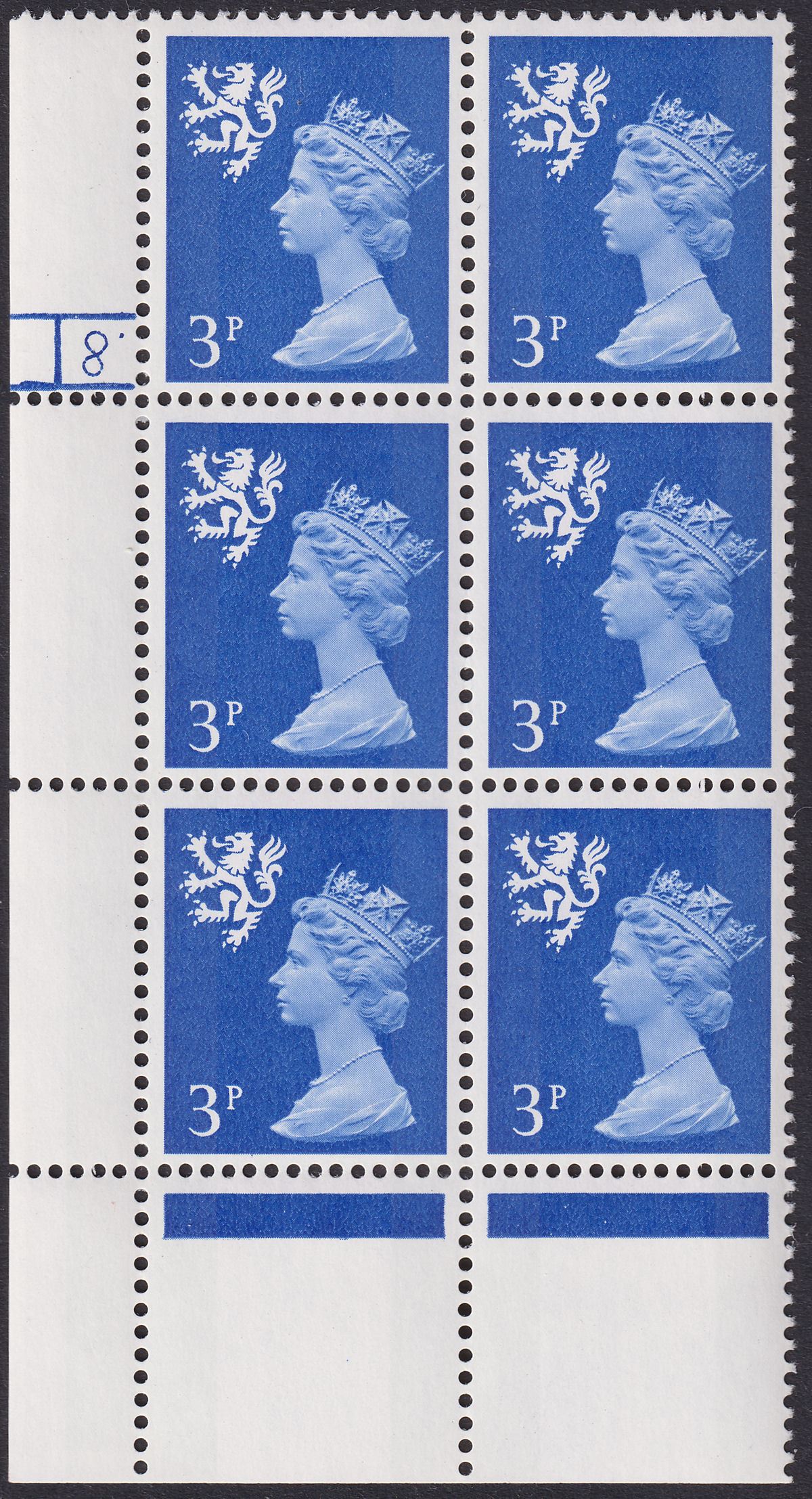 QEII 1972 Scotland Machin 3p Dot Cylinder 8 Phosphor 7 Block of 6 Mint SG XS33