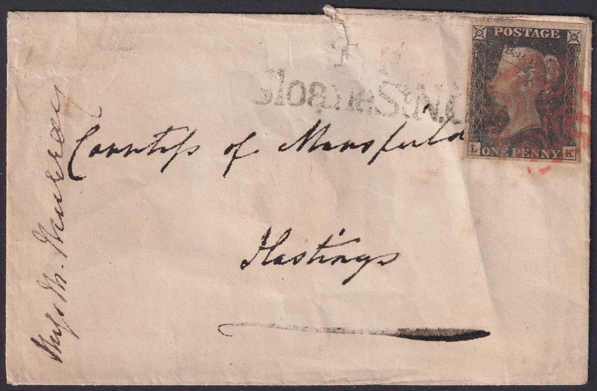 Queen Victoria 1840 1d Penny Black Used Cover Red MX + TP Sloane St NO Mark