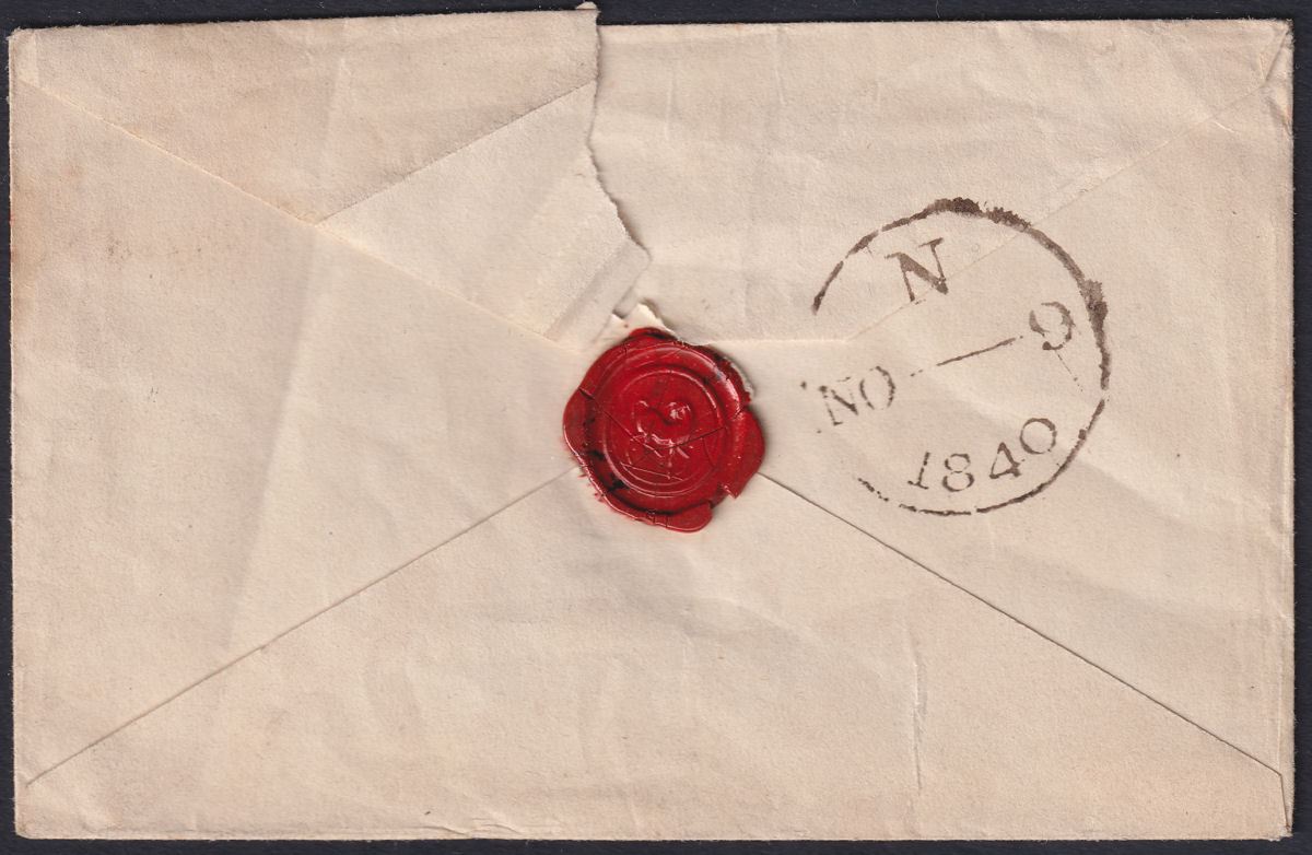Queen Victoria 1840 1d Penny Black Used Cover Red MX + TP Sloane St NO Mark