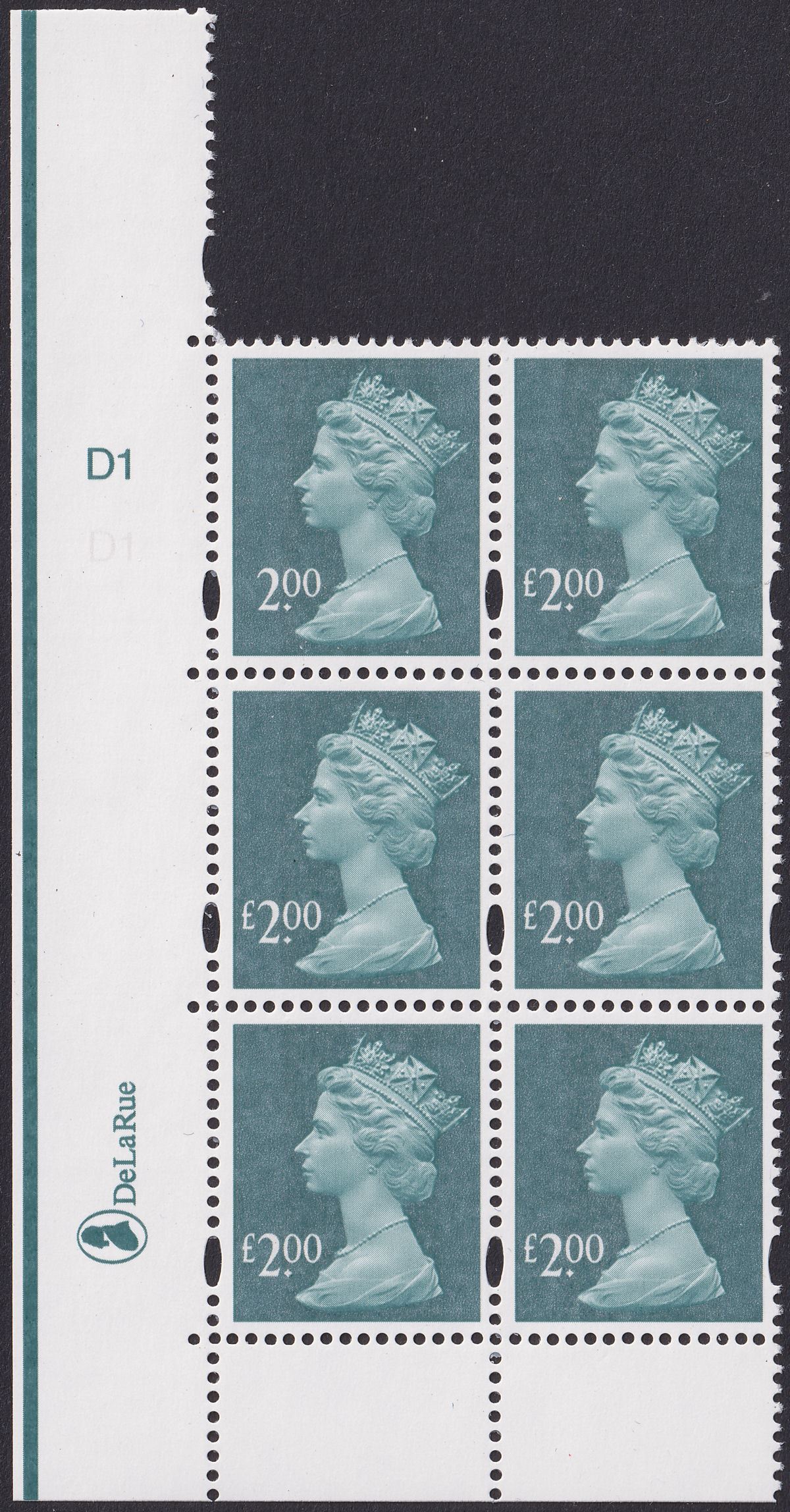 QEII 2003 Machin £2 Dp Blue-Green Missing £ Cylinder D1 Block of 6 Mint SG Y1747