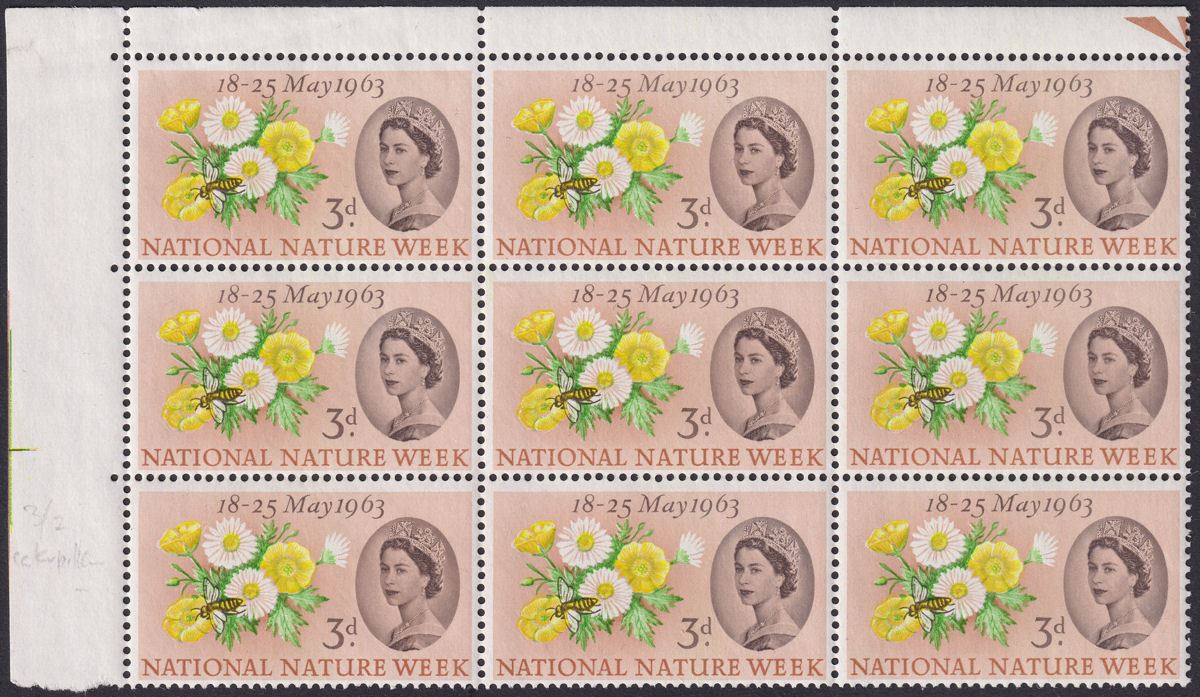 QEII 1963 Nature Week 3d with Caterpillar Flaw Block Mint SG637a cat £75 MNH