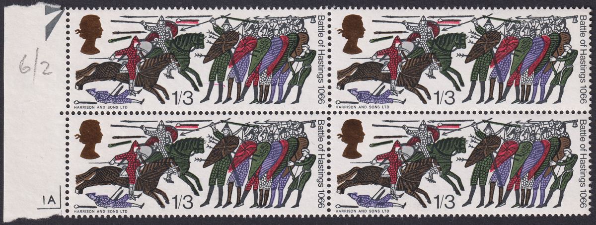 QEII 1966 Battle of Hastings 1sh3d Block with Club Flaw Variety Mint SG712b c£28