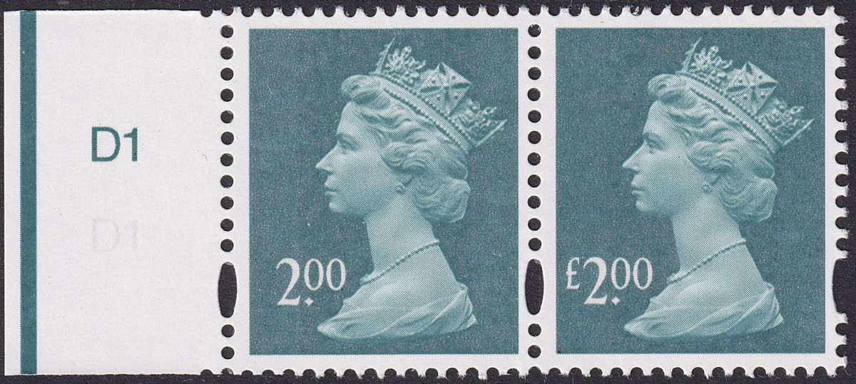 QEII 2003 Machin £2 Dp Blue-Green Missing £ Cylinder D1 Pair Mint SG Y1747