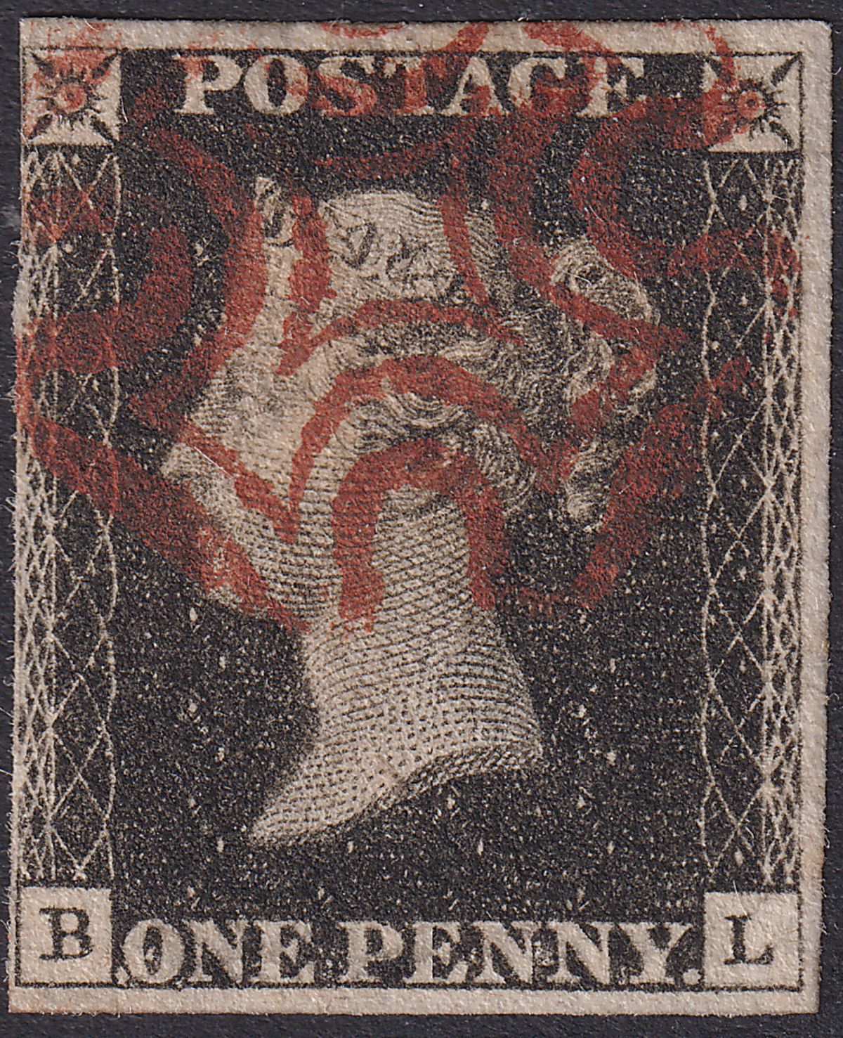 Queen Victoria 1840 1d Penny Black Used Red MX Letters BL Plate 5