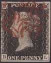 Queen Victoria 1840 1d Penny Black Used Red MX Letters BL Plate 5