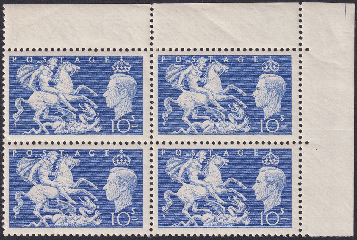 King George VI 1951 10sh Ultramarine Corner Block of 4 Mint SG511 cat £60