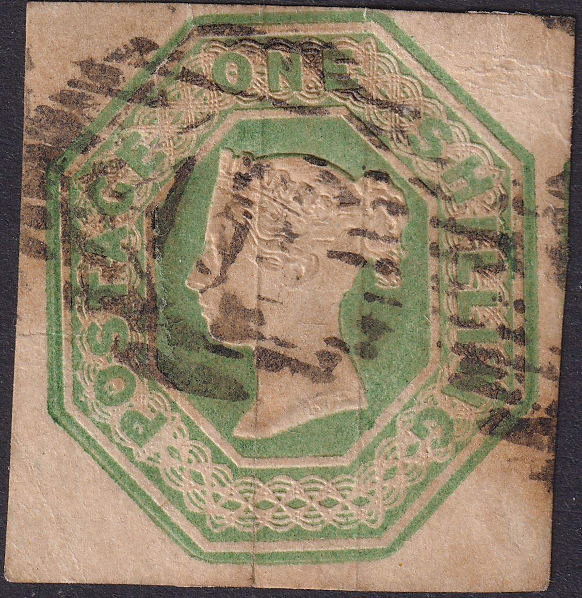 Queen Victoria 1847 Embossed 1sh Pale Green Imperf Cut-Square Used SG54 cat £750