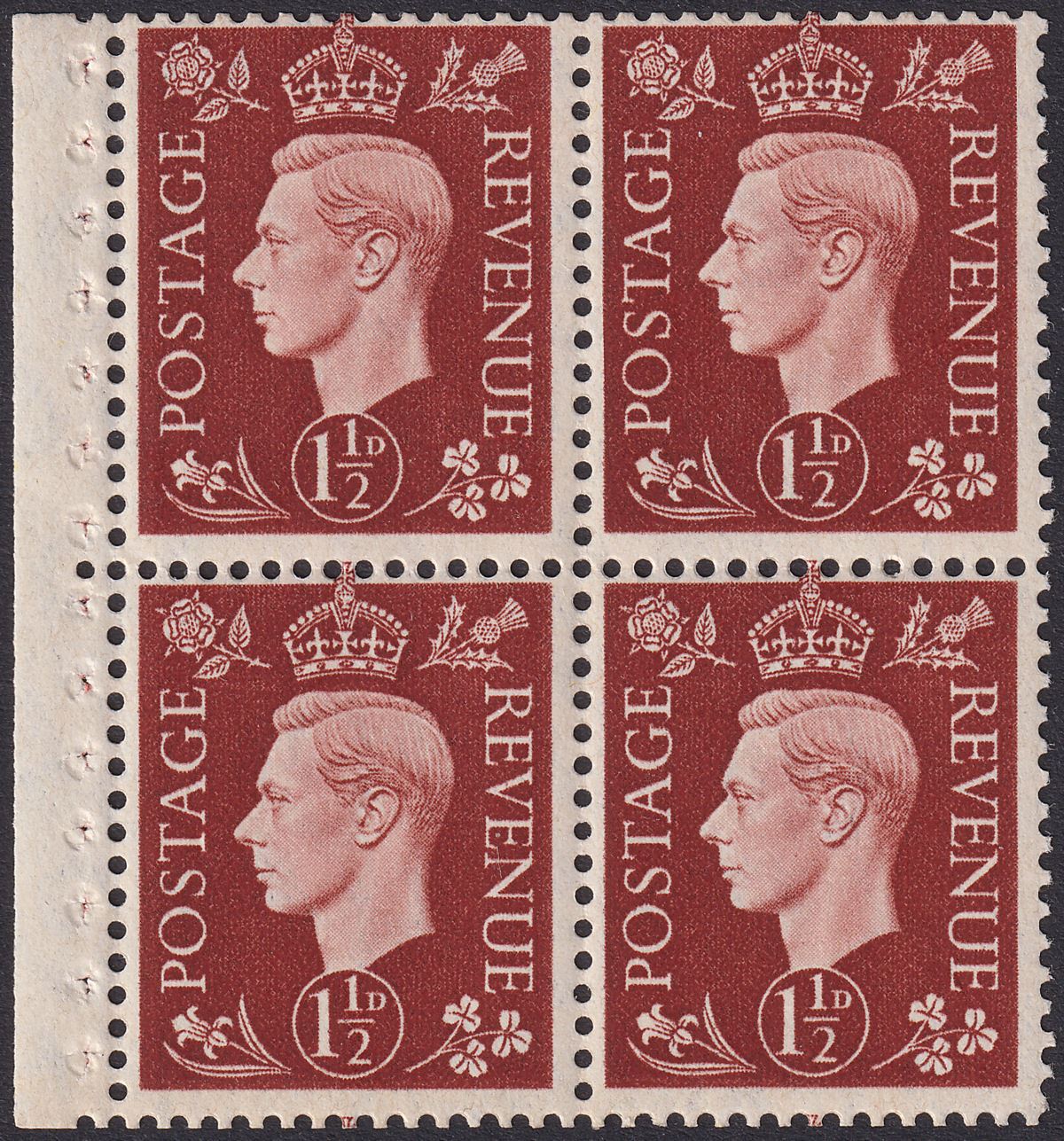 King George VI 1937 1½d Brown Watermark Inverted Block of 4 Mint SG464Wi cat £60
