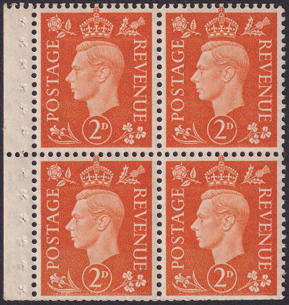 King George VI 1938 2d Orange Watermark Inverted Block of 4 Mint SG465Wi cat£240