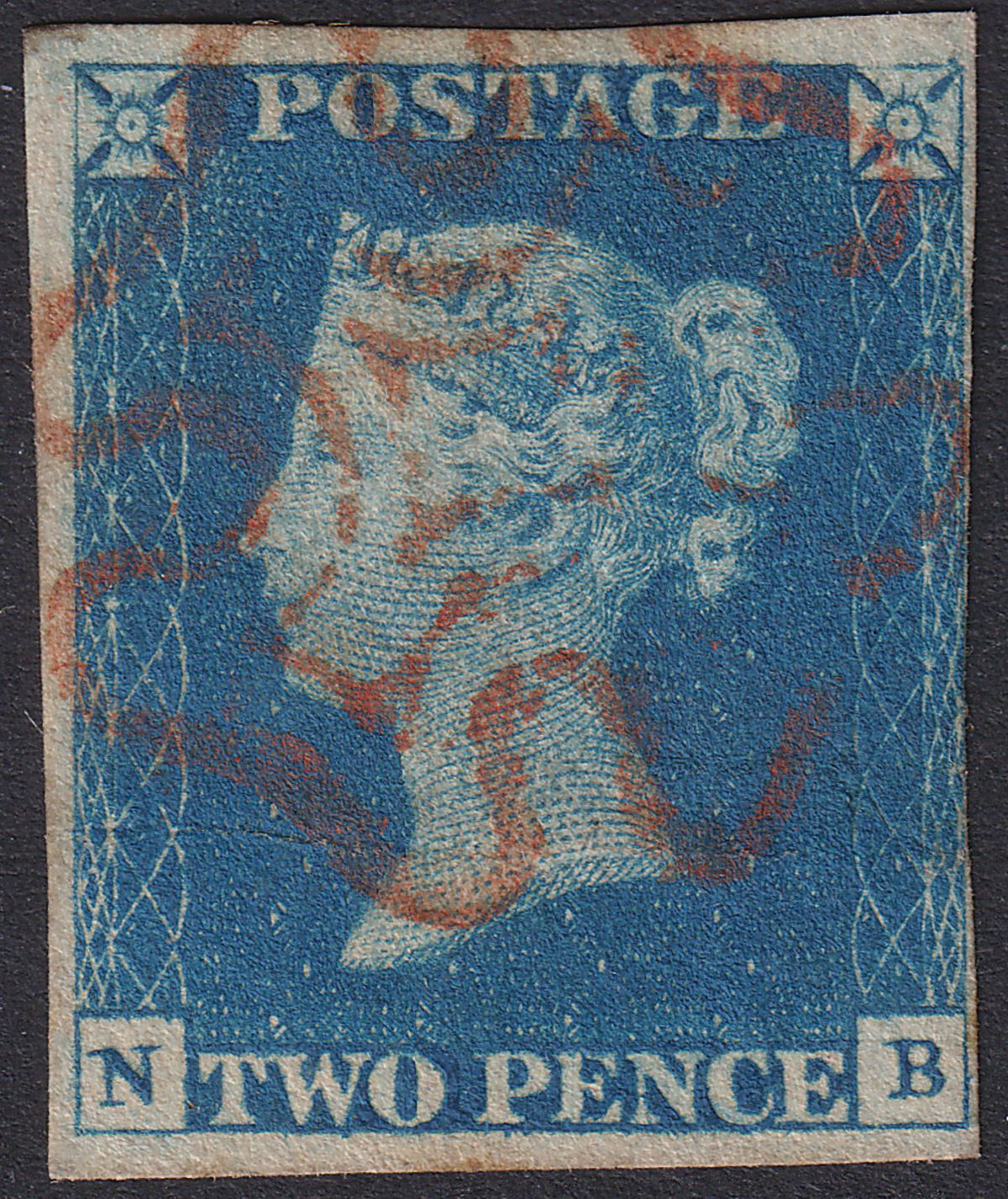 Queen Victoria 1840 2d Blue Used with Red MX SG5 cat £1250 3+ margins crease