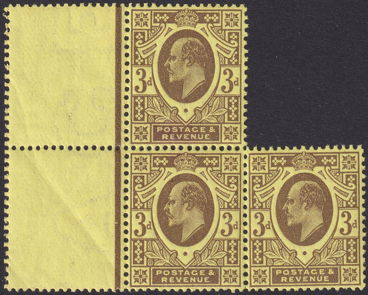 King Edward VII 1911 3d Purple on Lemon p15x14 Margin Block 3 Mint SG285 c£105