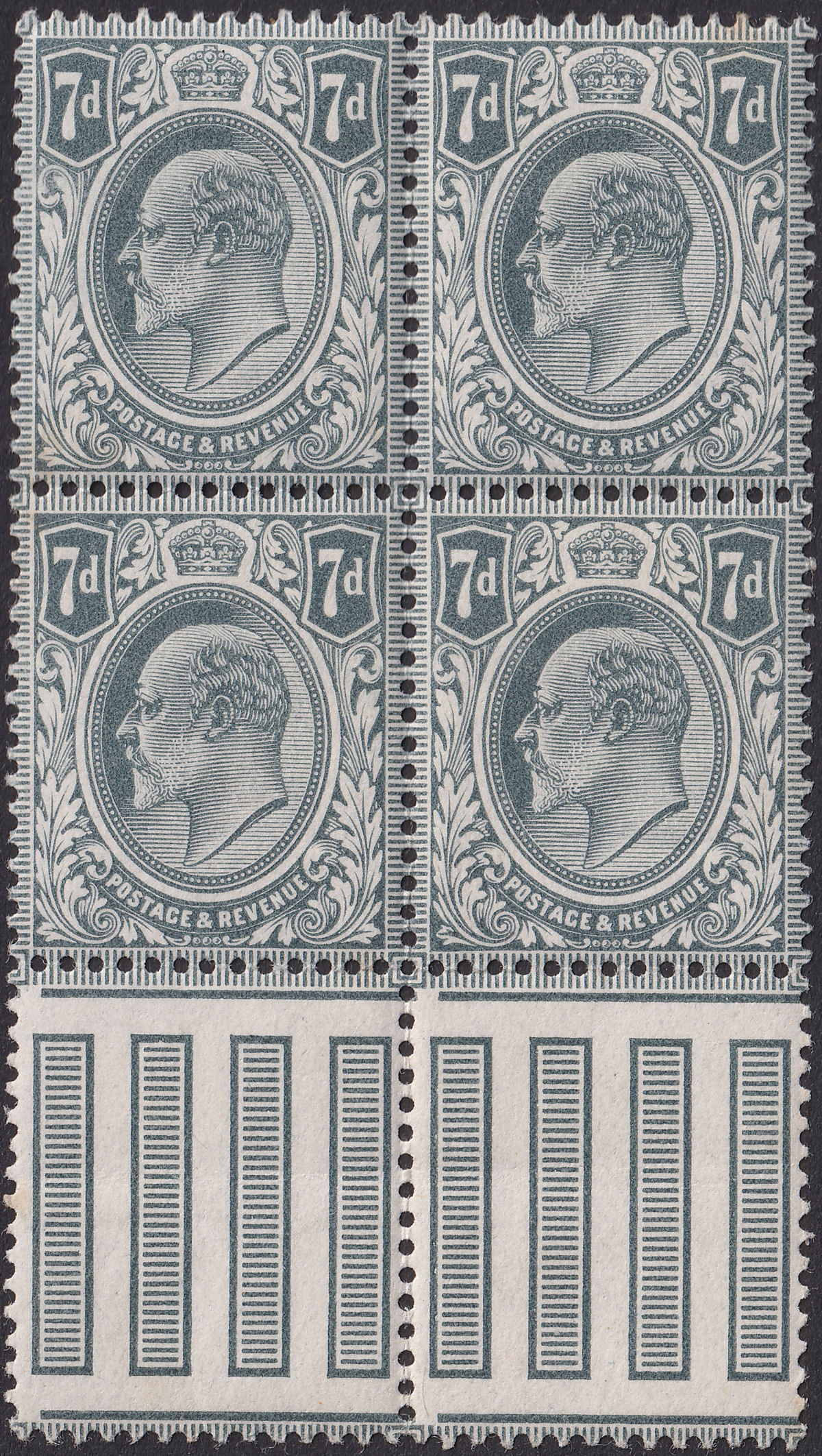 King Edward VII 1910 7d Grey-Black Marginal Block of 4 Mint SG249 cat £30