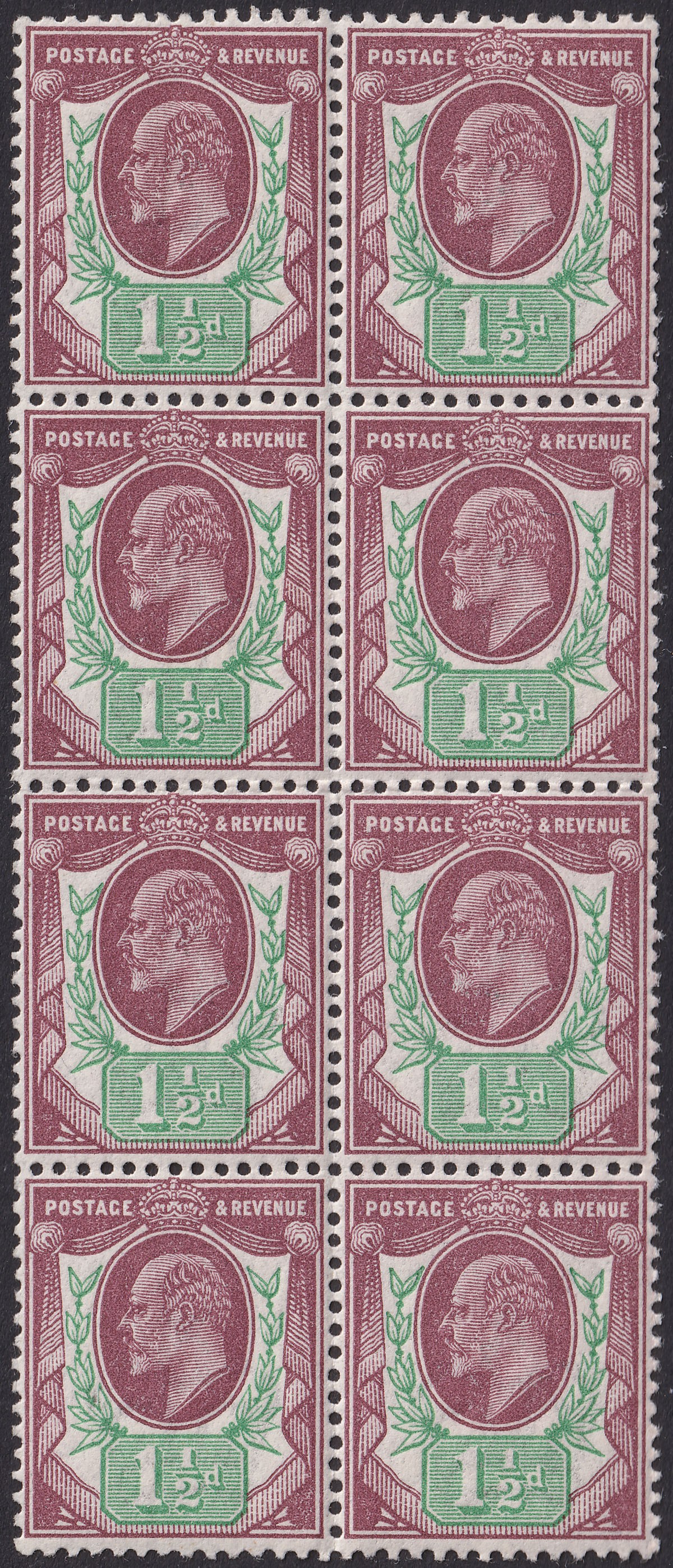 King Edward VII 1911 1½d Dull Purple + Green Block of 8 Mint SG288 cat £240