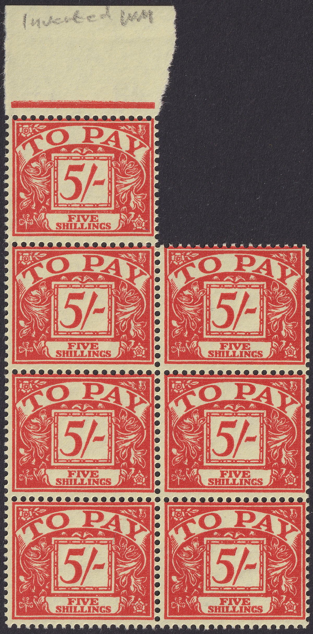 QEII 1961 Postage Due 5sh wmk Sideways Inverted Block of 7 Mint SG D66Wi c£175