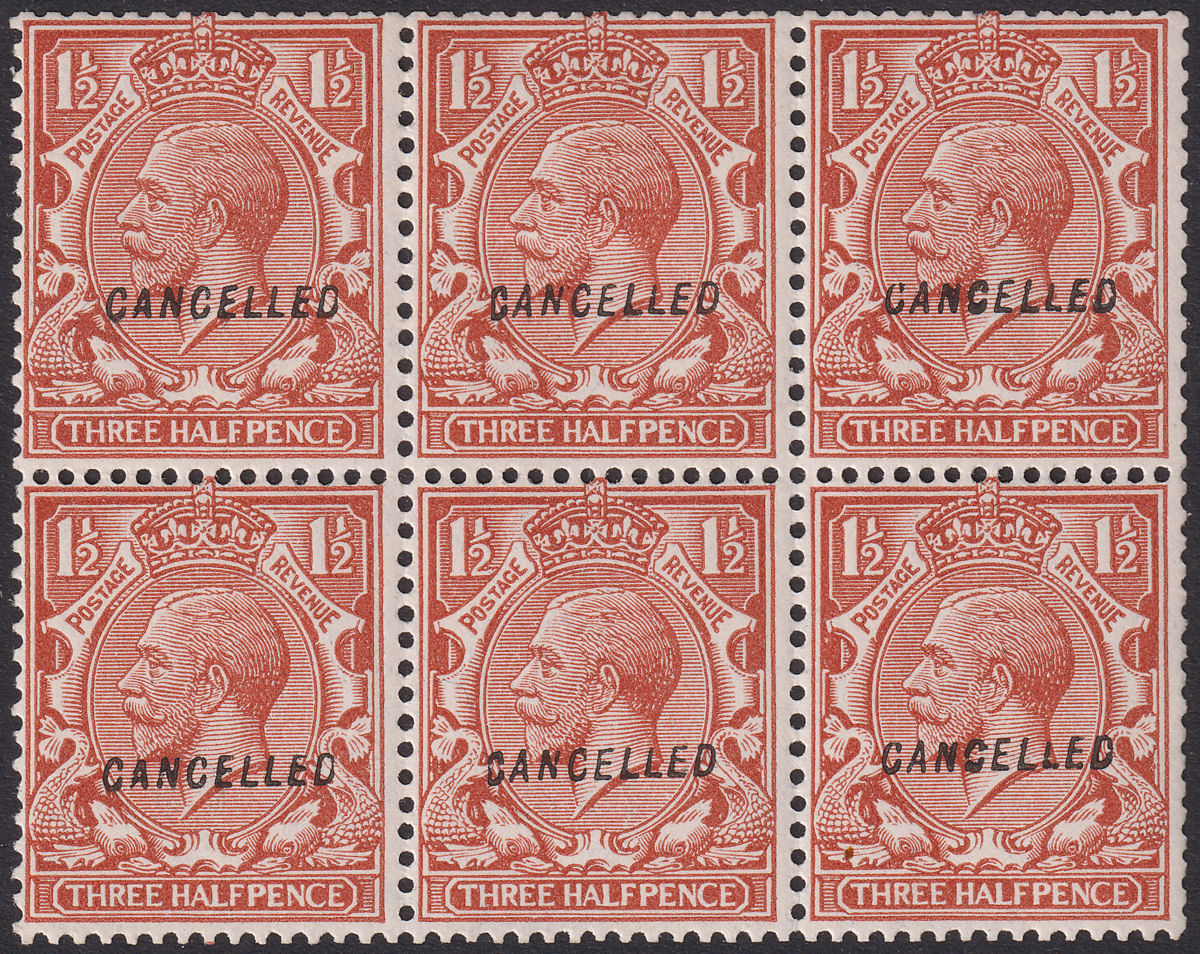 King George V 1924 Overprint CANCELLED 1½d Red-Brown Block of 6 Mint SG420 var