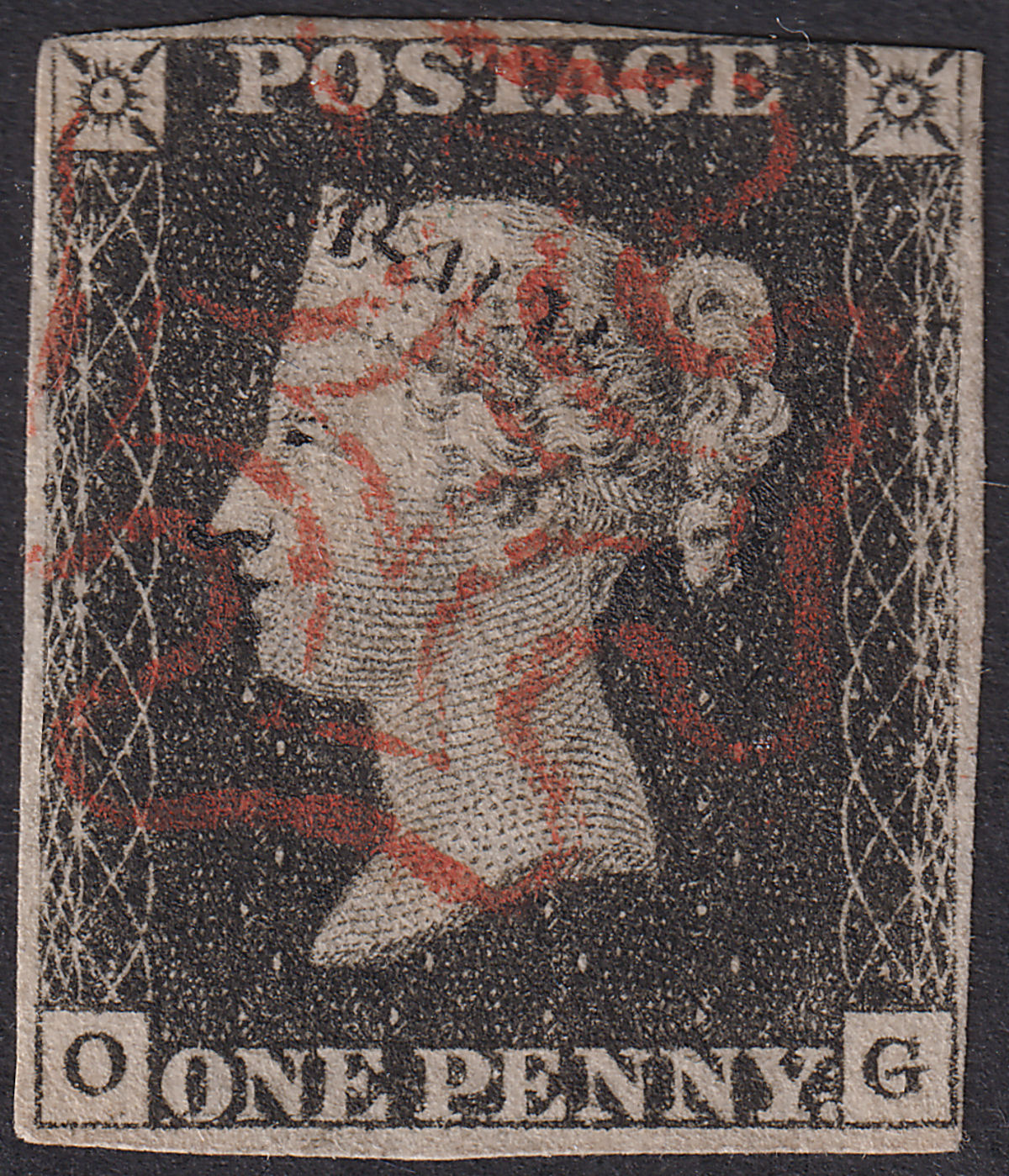 Queen Victoria 1840 1d Penny Black Used Red MX Letters OG Plate 4 with 3 margins