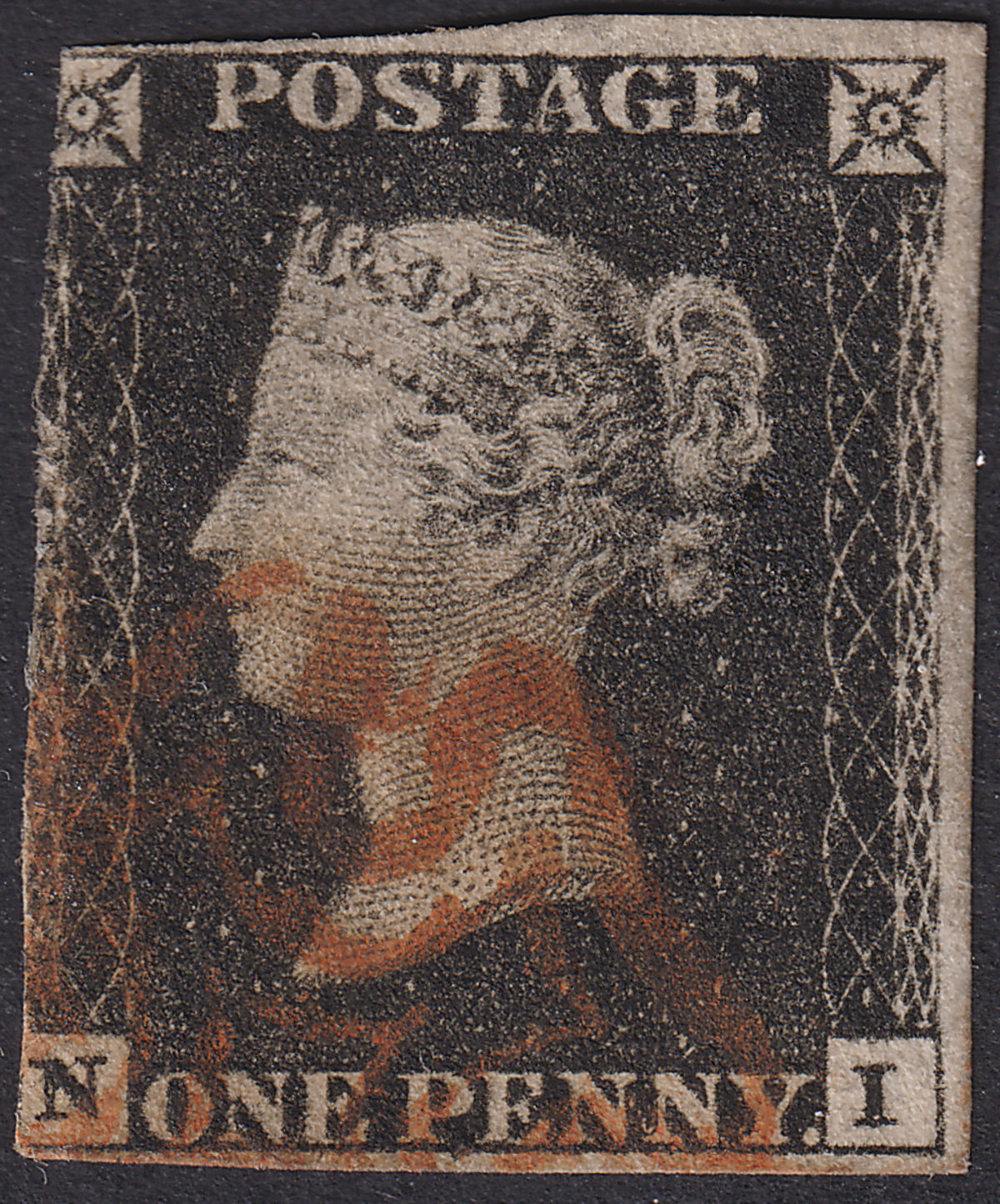 Queen Victoria 1840 1d Penny Black Used Red MX Letters NI Plate 4 with 3 margins