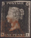 Queen Victoria 1840 1d Penny Black Used Red MX Letters NI Plate 4 with 3 margins