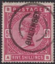 Click for more photos and details Queen Victoria 1883 5sh Crimson Used SG181 cat £130 GUERNSEY Postmark repaired?