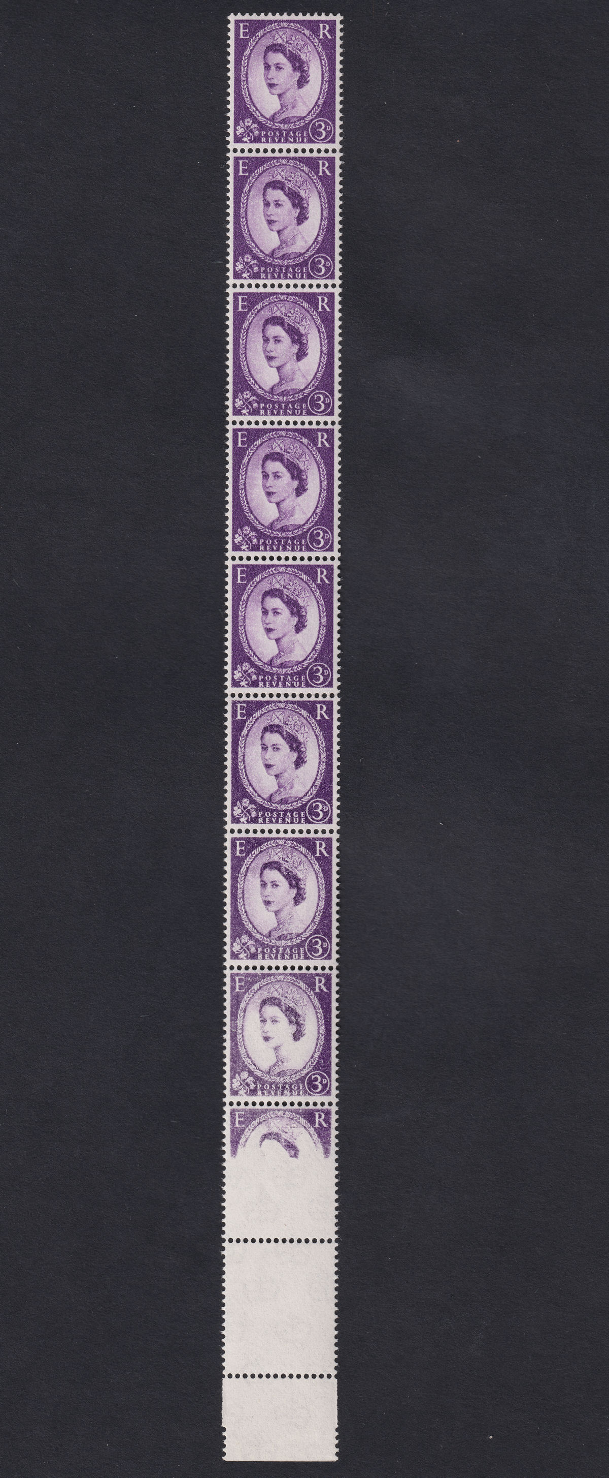 QEII 1958 Wilding 3d Spectacular Progressive Dry Print Strip of 10 Mint SG575