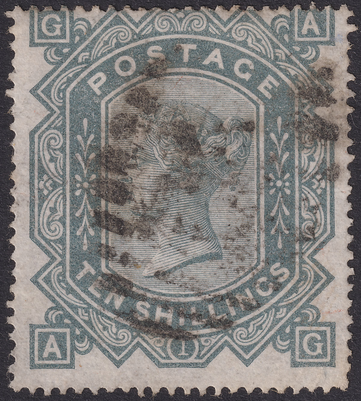 Queen Victoria 1876 10sh Greenish Grey watermark MX Used SG128 cat £2250