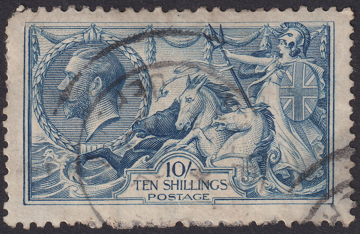 King George V 1915 Seahorse 10sh Pale Blue De La Rue Used SG413 cat £900 FAULTS