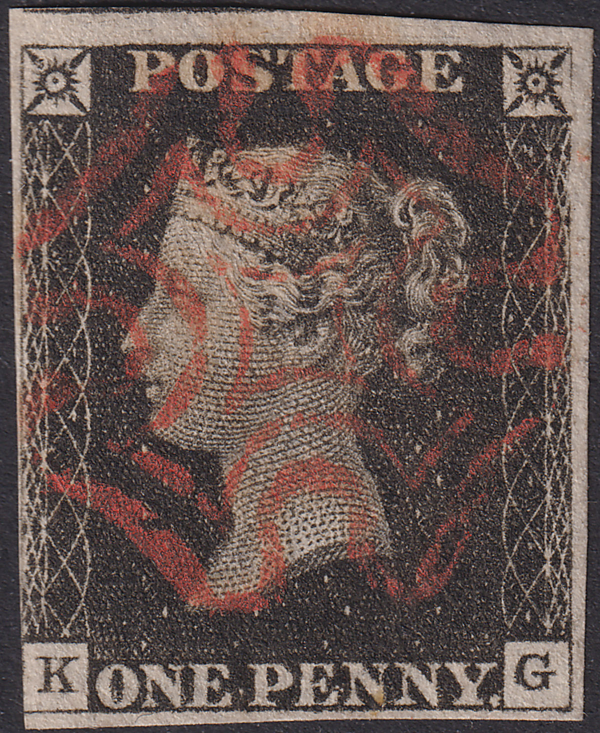 Queen Victoria 1840 1d Penny Black Used Red MX Letters KG Plate 1a w 3+ margins