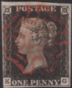 Click for more photos and details Queen Victoria 1840 1d Penny Black Used Red MX Letters KG Plate 1a w 3+ margins