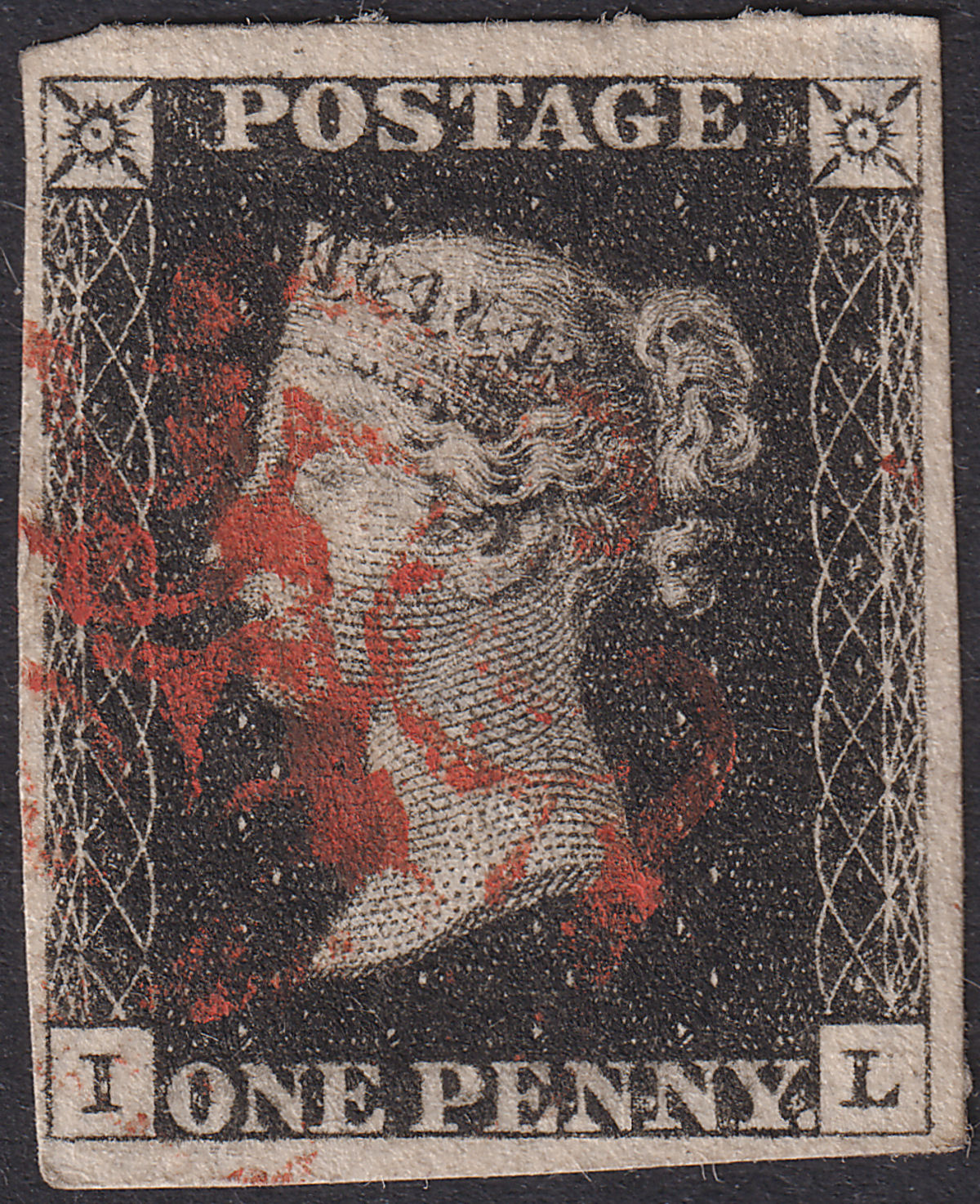 Queen Victoria 1840 1d Penny Black Used Red MX Letters IL Plate 6 w 4 marg THIN