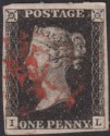 Click for more photos and details Queen Victoria 1840 1d Penny Black Used Red MX Letters IL Plate 6 w 4 marg THIN