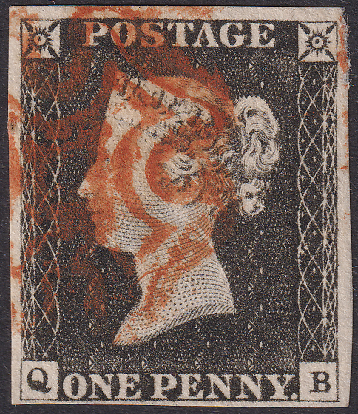 Queen Victoria 1840 1d Penny Black Used Red MX Letters QB Plate 3 with 4 margins