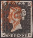 Click for more photos and details Queen Victoria 1840 1d Penny Black Used Red MX Letters QB Plate 3 with 4 margins