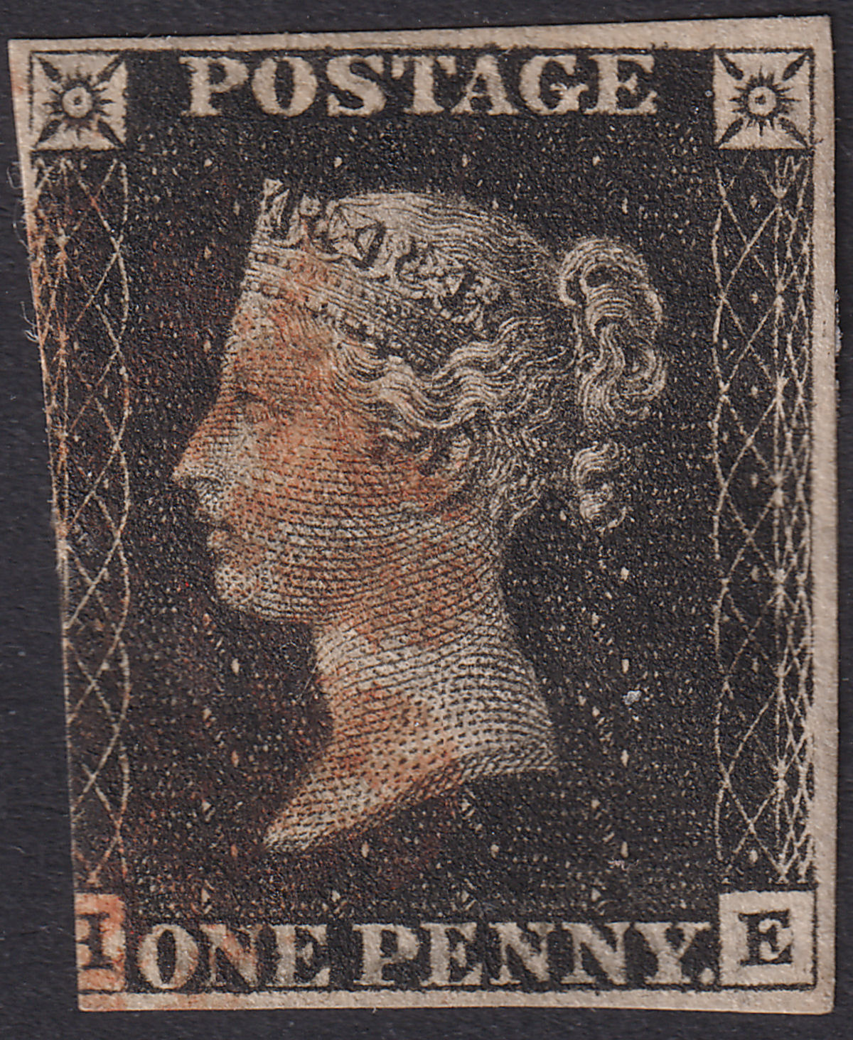 Queen Victoria 1840 1d Penny Black Used Red MX Letters HE Plate 6 with 3 margins