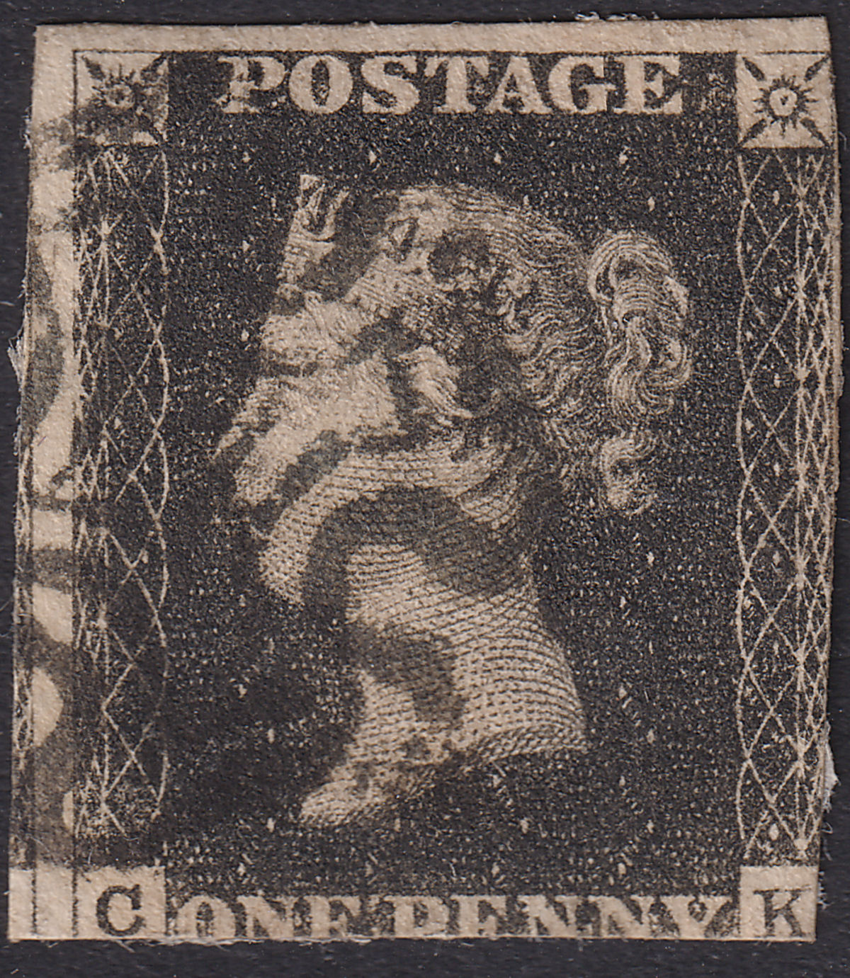 Queen Victoria 1840 1d Penny Black Used Black MX Letters CK Plate 6 w 2 margins