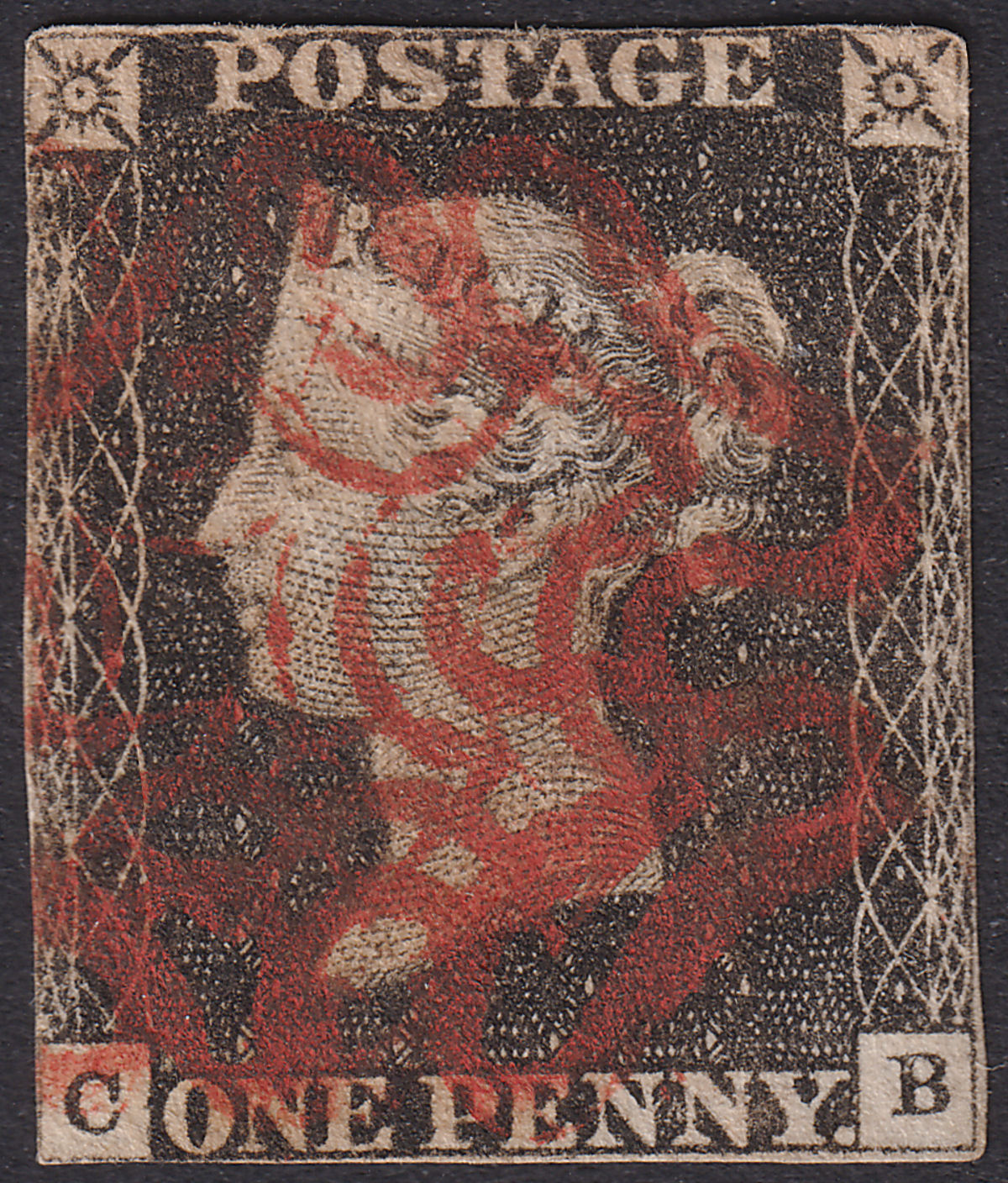 Queen Victoria 1840 1d Penny Black Used Red MX Letters CB Plate 3 no margins