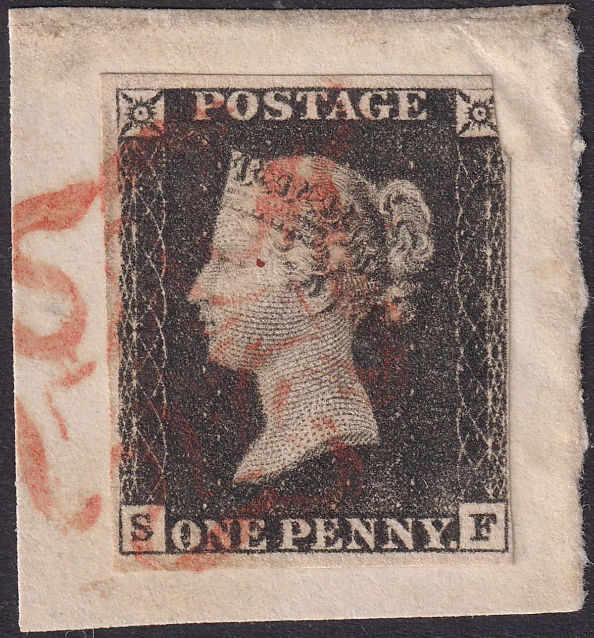 Queen Victoria 1840 1d Penny Black Used Red MX Letters SF Plate 4 Used on Piece 