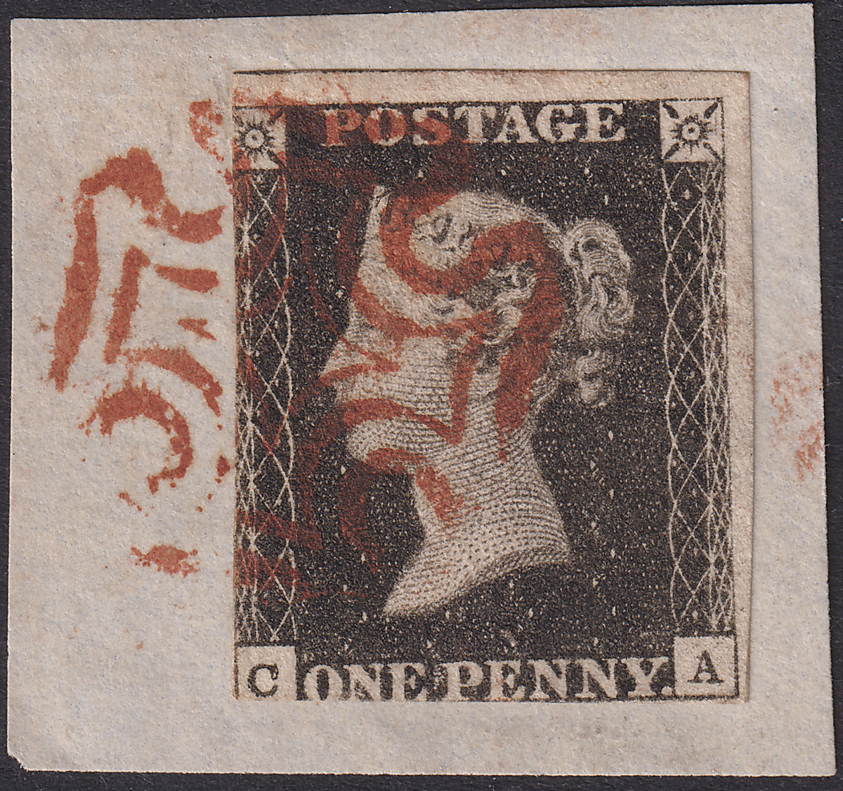 Queen Victoria 1840 1d Penny Black Used Red MX Letters CA Plate 9 Used on Piece 