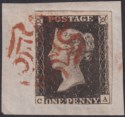 Click for more photos and details Queen Victoria 1840 1d Penny Black Used Red MX Letters CA Plate 9 Used on Piece