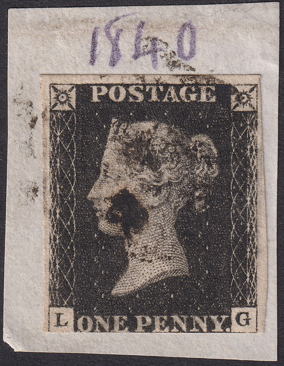 Queen Victoria 1840 1d Penny Black Used Black MX Letters LG Plate 6 Used Piece 