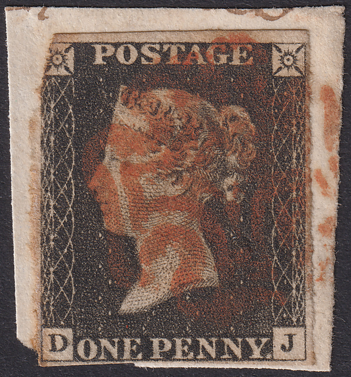 Queen Victoria 1840 1d Penny Black Used Red MX Letters DJ Plate 2 Used Piece 