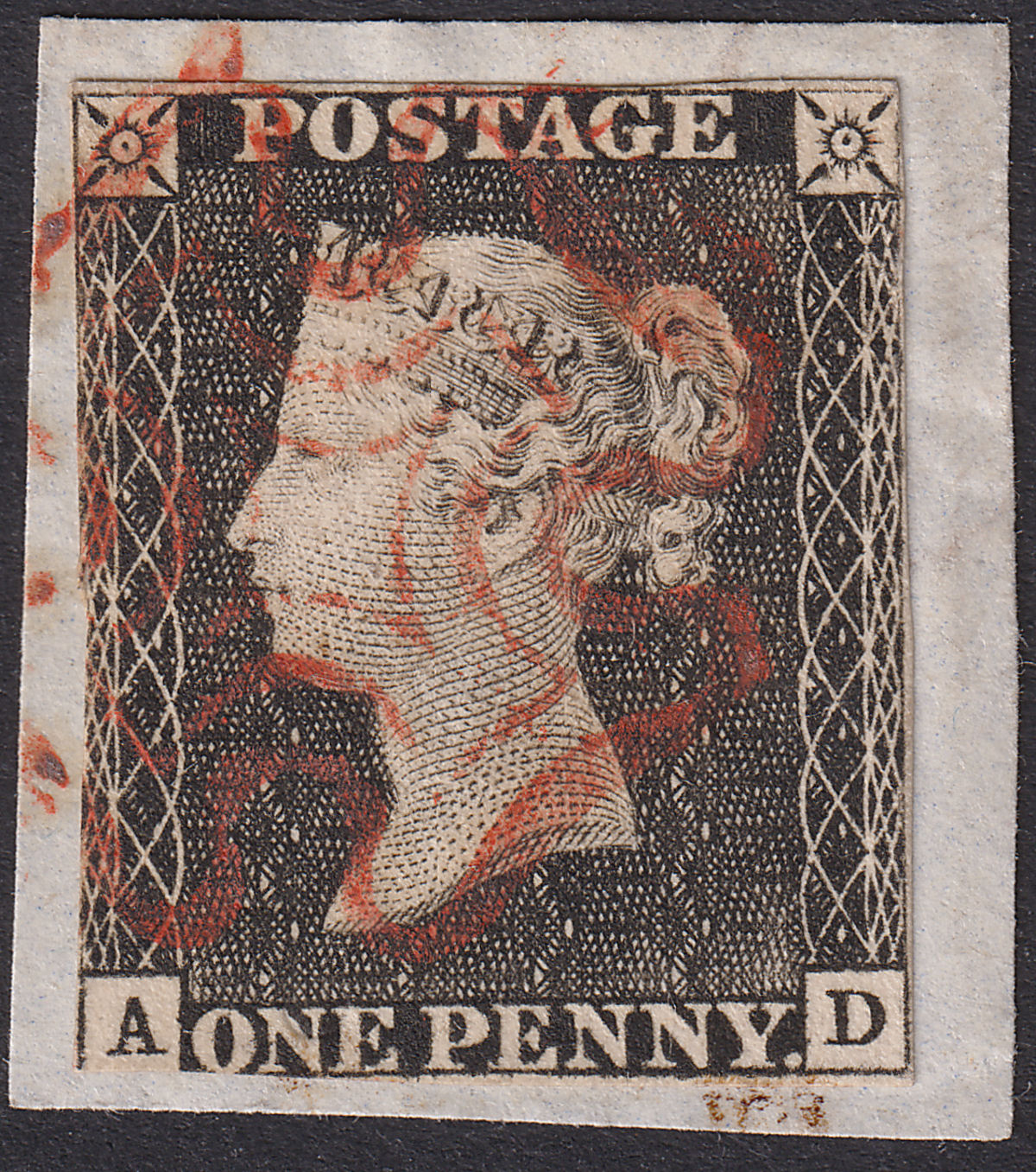 Queen Victoria 1840 1d Penny Black Used Red MX Letters AD Plate 1a Used Piece 