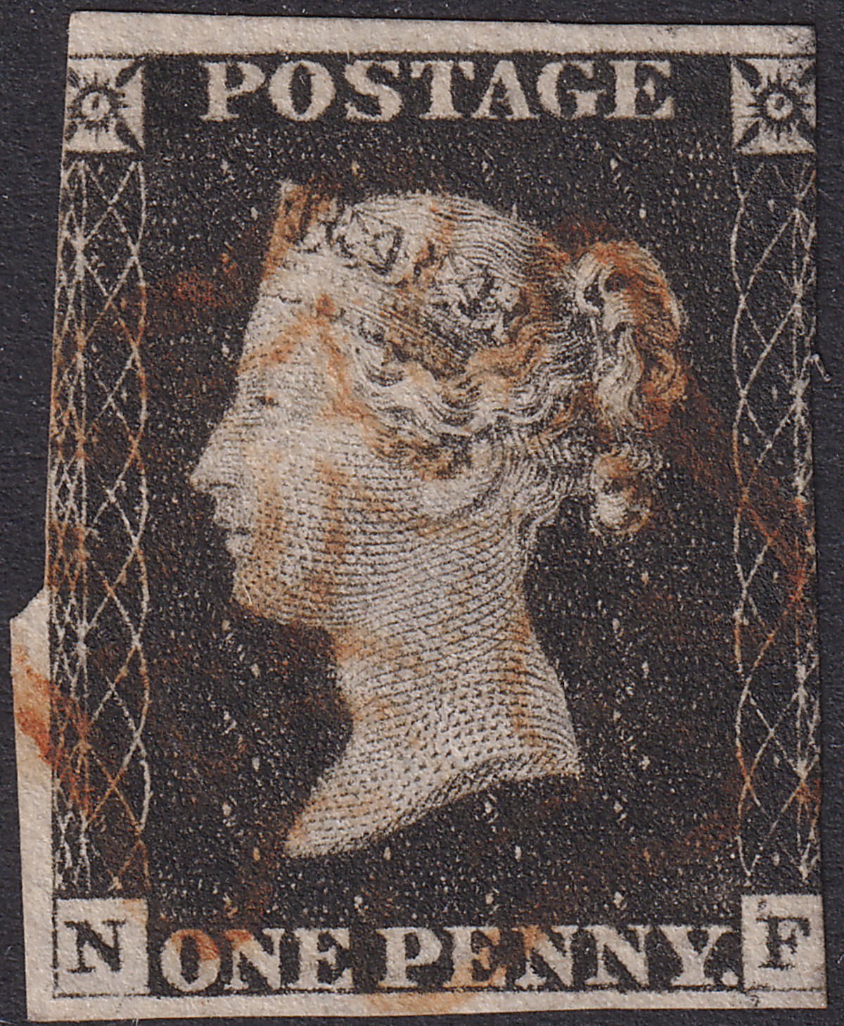 Queen Victoria 1840 1d Penny Black Used Red MX Letters NF Plate 2 Used