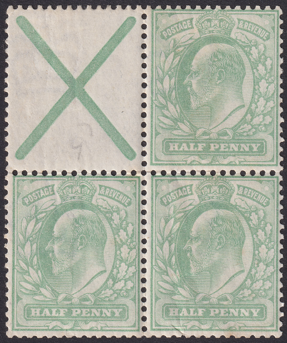 King Edward VII 1902 ½d Yellowish Green Block w St Andrew's Cross Mint SG218a