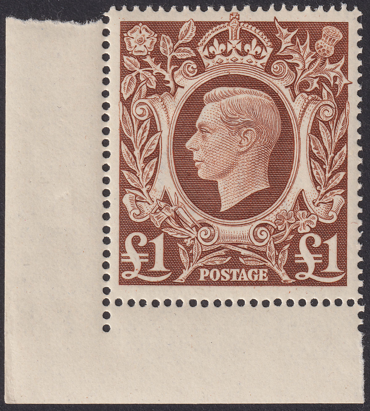 King George VI 1948 £1 Brown Corner Marginal Mint SG478c cat £25