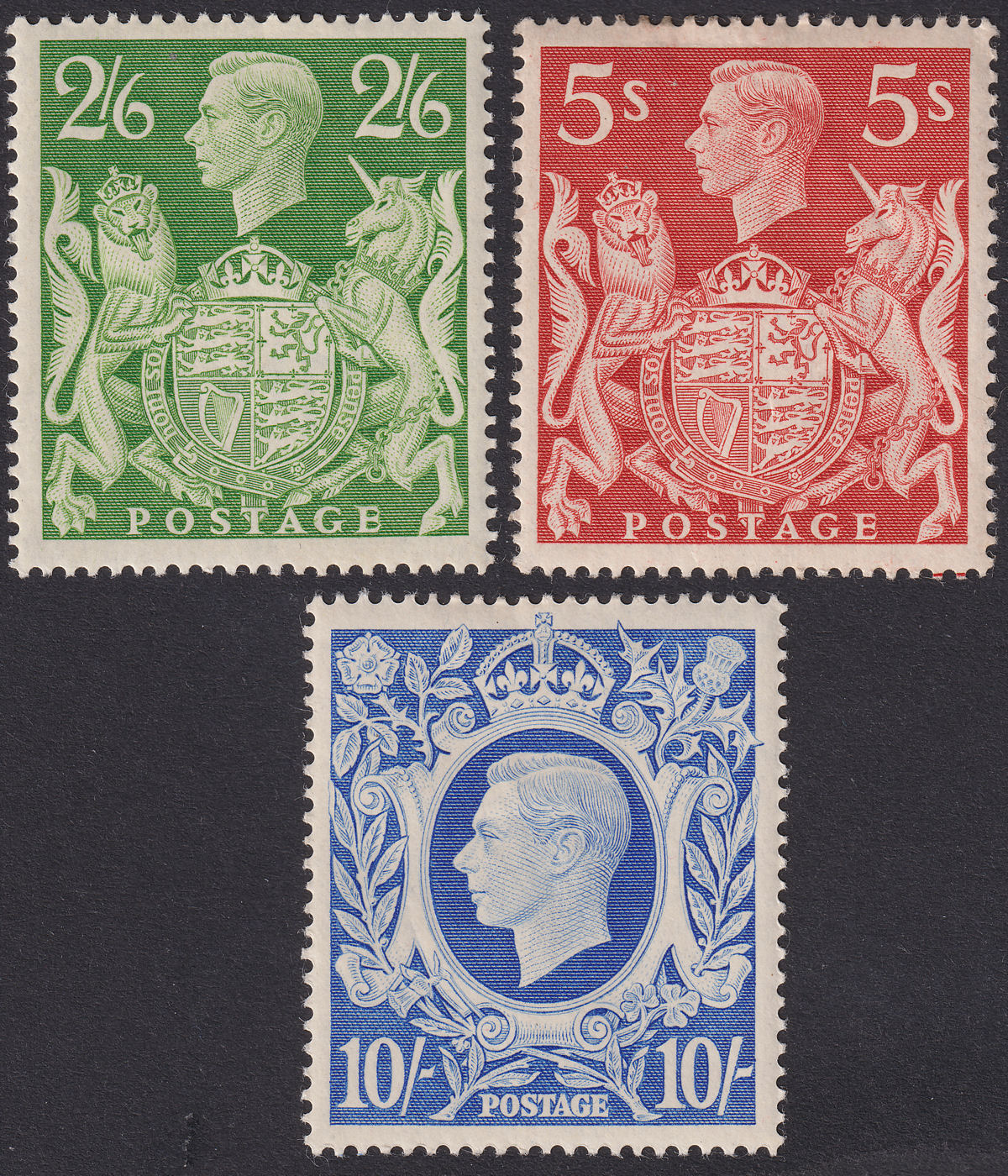 King George VI 1939 2sh6d Green, 5sh Red, 10sh Ultra Mint SG476b-477 478b cat£80