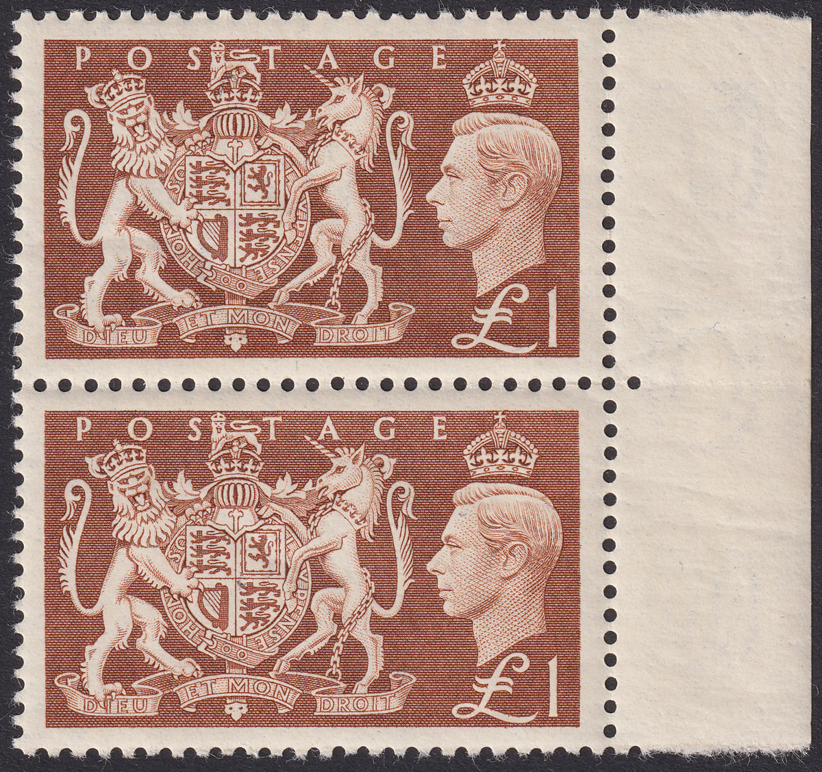 King George VI 1951 Arms £1 Brown Marginal Pair Mint SG512 cat £90