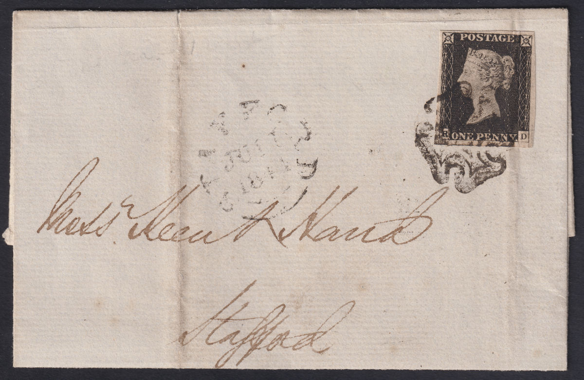 Queen Victoria 1841 1d Penny Black Used Entire to Stafford with Black MX Cancel