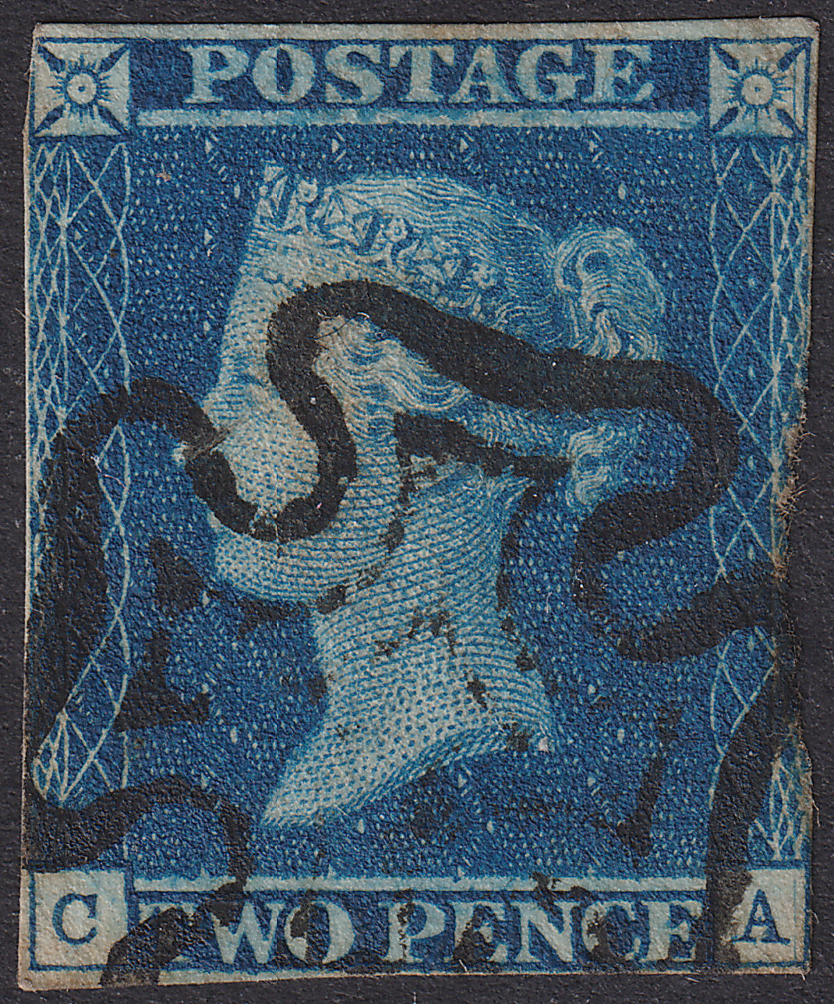 Queen Victoria 1841 2d Blue w Lines Letters CA Used SG14 with Black MX Postmark