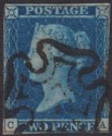 Click for more photos and details Queen Victoria 1841 2d Blue w Lines Letters CA Used SG14 with Black MX Postmark